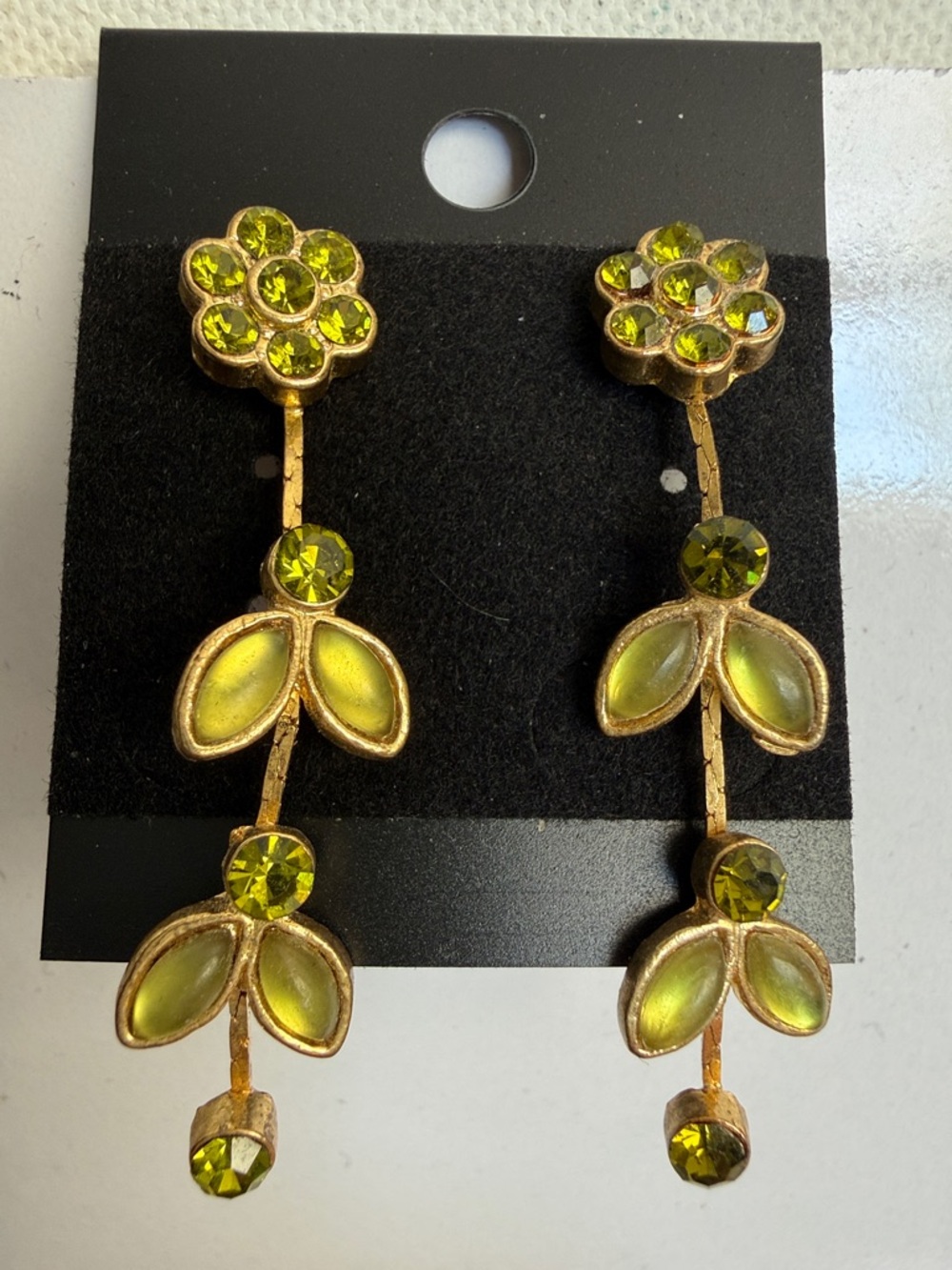 Gold-Tone Lime Green Floral Drop Earrings with Green Crystal Accents